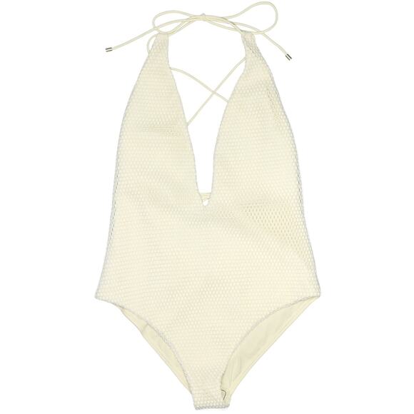 SAND & BLUE Cher mesh net plunge neck luxe one piece swimsuit in ecru Size L NEW - Picture 1 of 9